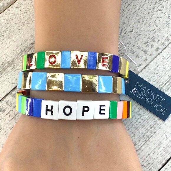 Market and Spruce Bracelet Set Love Hope Enamel Tile Stretch Gold Tone Blue - Picture 1 of 3